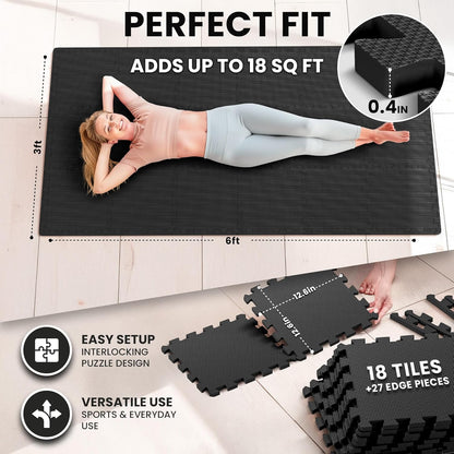 Gym Mats Set - 18 Pcs EVA Interlocking Foam Floor Tiles (12.6"X12.6"X0.4") 18Sqft Protective Gym Flooring Sports Home Workout Exercise Mats Puzzle Garage Fitness Play-Room Pool Treadmill Bike