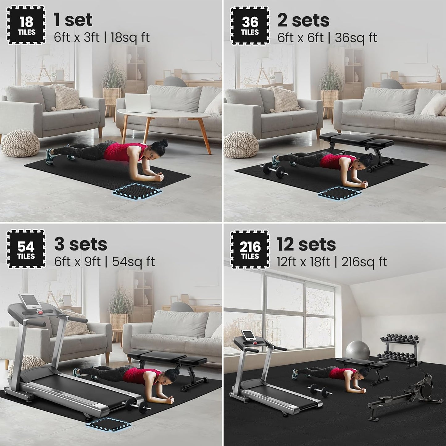 Gym Mats Set - 18 Pcs EVA Interlocking Foam Floor Tiles (12.6"X12.6"X0.4") 18Sqft Protective Gym Flooring Sports Home Workout Exercise Mats Puzzle Garage Fitness Play-Room Pool Treadmill Bike