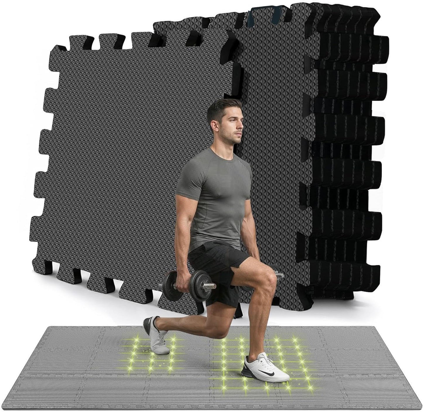 Gym Mats Set - 18 Pcs EVA Interlocking Foam Floor Tiles (12.6"X12.6"X0.4") 18Sqft Protective Gym Flooring Sports Home Workout Exercise Mats Puzzle Garage Fitness Play-Room Pool Treadmill Bike