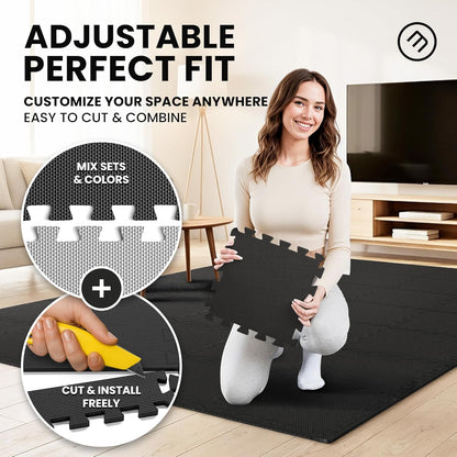 Gym Mats Set - 18 Pcs EVA Interlocking Foam Floor Tiles (12.6"X12.6"X0.4") 18Sqft Protective Gym Flooring Sports Home Workout Exercise Mats Puzzle Garage Fitness Play-Room Pool Treadmill Bike