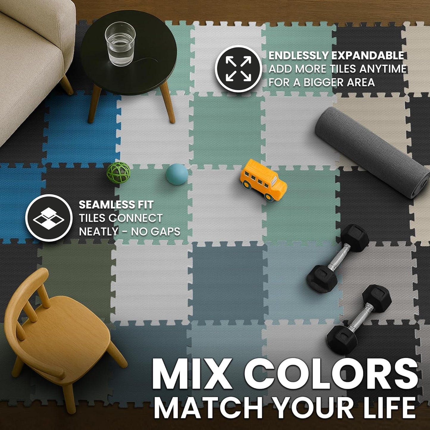 Gym Mats Set - 18 Pcs EVA Interlocking Foam Floor Tiles (12.6"X12.6"X0.4") 18Sqft Protective Gym Flooring Sports Home Workout Exercise Mats Puzzle Garage Fitness Play-Room Pool Treadmill Bike